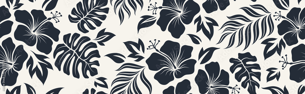 Hand drawn hibiscus floral Tropical seamless pattern.