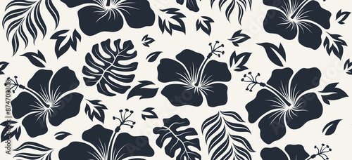 Hibiscus flowers Silhouette tropical seamless pattern. abstract floral background.