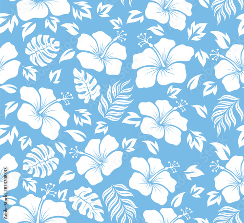 Silhouette tropical flower hibiscus palm leaf seamless pattern. 