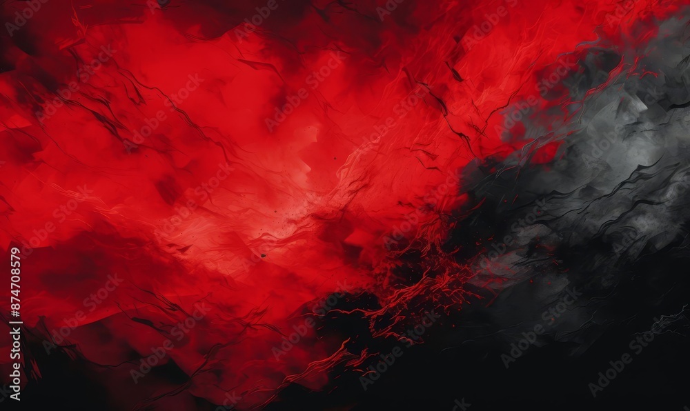 A bold abstract background illustration with large brush strokes of black and gray over a crimson base, conveying drama and intensity