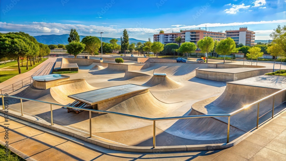 Modern skate park in Igualada, Spain featuring impressive ramps, rails, and halfpipes, skate park, Igualada, Spain Modern skate park in Igualada, Spain featuring impressive ramps, rails, and halfpipes, skate park, Igualada, Spain
