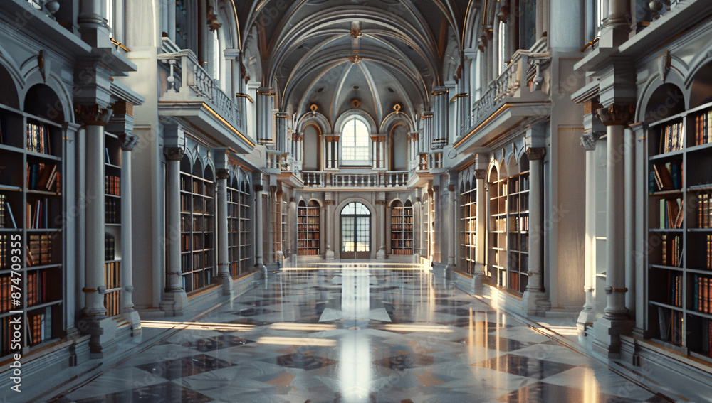 Grand library with towering bookshelves and sunlight streaming in Grand library with towering bookshelves and sunlight streaming in