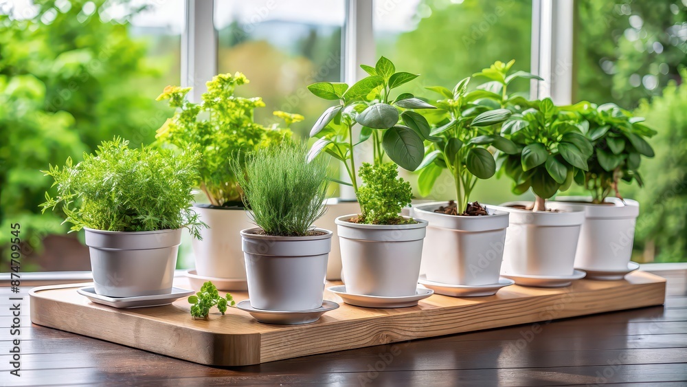 Indoor herb garden kit with fresh green plants in modern pots , indoor, herb, garden, kit, fresh, green, plants, modern, pots Indoor herb garden kit with fresh green plants in modern pots , indoor, herb, garden, kit, fresh, green, plants, modern, pots
