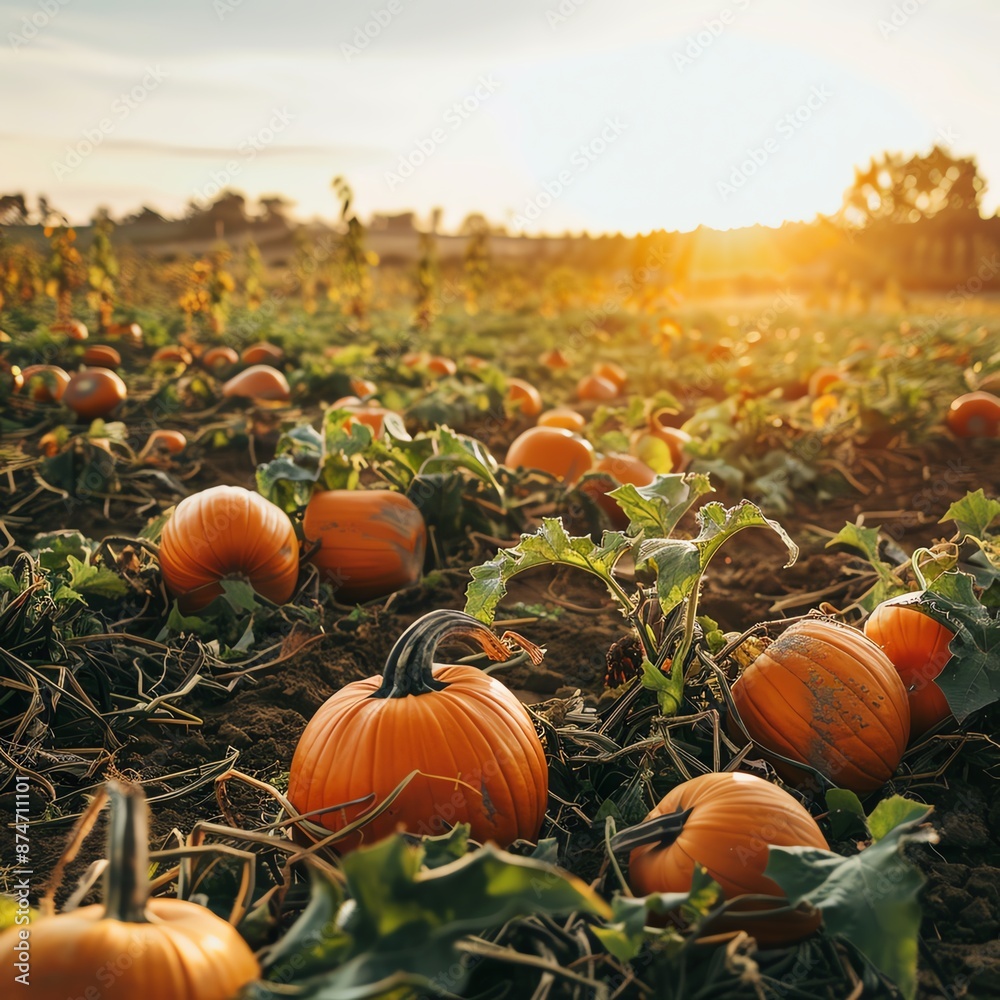 Wide shot of a pumpkin patch at harvest time, vibrant orange pumpkins and assorted gourds, rows stretching into the distance, golden hour sunlight, warm and inviting. Wide shot of a pumpkin patch at harvest time, vibrant orange pumpkins and assorted gourds, rows stretching into the distance, golden hour sunlight, warm and inviting.