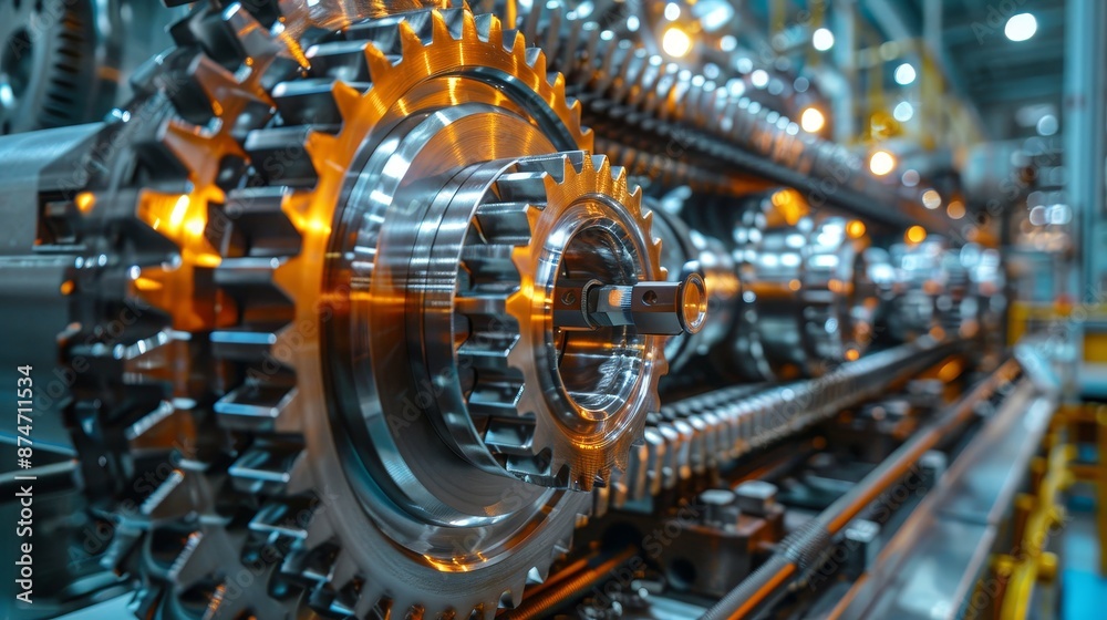 Fototapeta premium Complex cogwheel system, polished metallic surfaces gleaming, demonstrating precise engineering and smooth motion, in a modern industrial scene