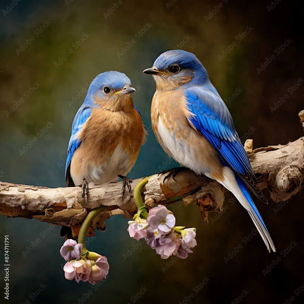 Obraz premium Two bluebirds on a branch of a blossoming .
