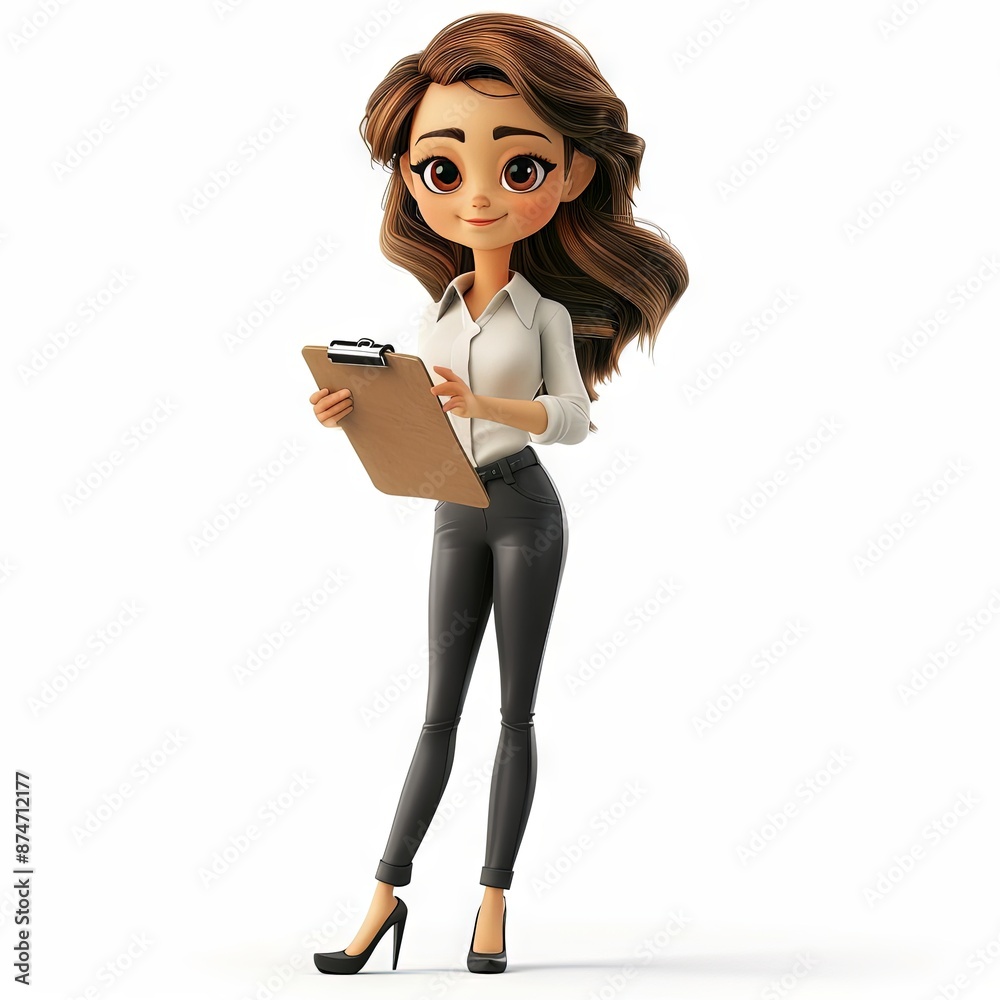 A 3D cartoon character of a young professional woman in an office setting. She is dressed in a white shirt with rolled-up sleeves, green suspenders, and light-colored pants. She has brown hair tied A 3D cartoon character of a young professional woman in an office setting. She is dressed in a white shirt with rolled-up sleeves, green suspenders, and light-colored pants. She has brown hair tied
