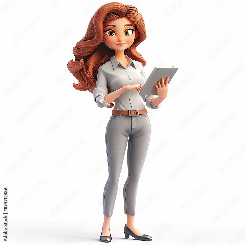 A 3D cartoon character of a young professional woman in an office setting. She is dressed in a white shirt, gray pants, and has stylish auburn hair. She is holding a tablet. A 3D cartoon character of a young professional woman in an office setting. She is dressed in a white shirt, gray pants, and has stylish auburn hair. She is holding a tablet.