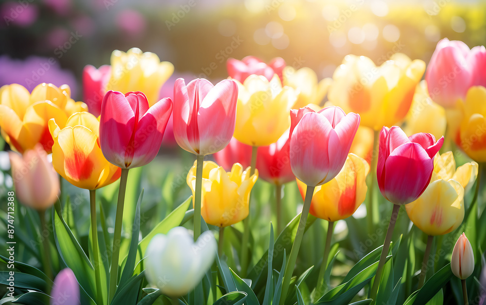Colorful tulip flowers blooming in the garden. Spring nature background Colorful tulip flowers blooming in the garden. Spring nature background