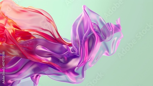 3D render of a vibrant mix purple and red abstract background with irregular shapes, creating a dynamic style object at the upper part of the picture on a pastel green isolate background