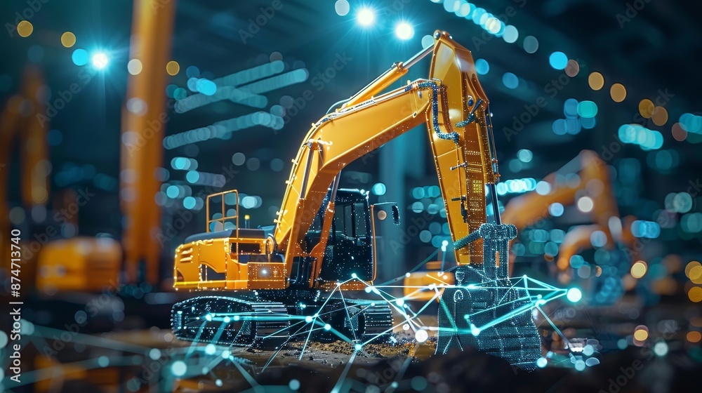 Gleaming construction equipment, artistically arranged in a high-tech construction setting, highlighting innovation and efficiency