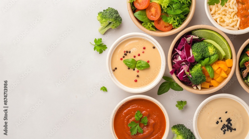Assorted healthy soups and salads in bowls on a light background. Fresh vegetables and vibrant colors showcasing nutritious meal options. Assorted healthy soups and salads in bowls on a light background. Fresh vegetables and vibrant colors showcasing nutritious meal options.