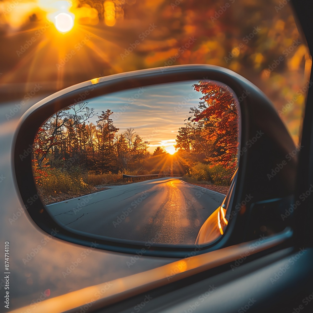 Close-up of a rearview mirror reflecting a winding road and colorful trees, sun setting in the background, soft and nostalgic lighting. Close-up of a rearview mirror reflecting a winding road and colorful trees, sun setting in the background, soft and nostalgic lighting.