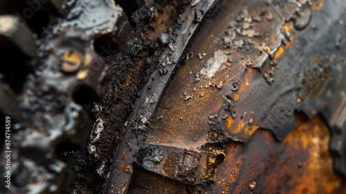 Macro image of a drive belt burn mark indicating overheating and potential damage to surrounding parts.