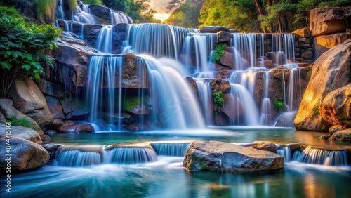 Serene waterfall cascading through rocks in soft liquid hues, waterfall, serene, rocks, cascading, nature, tranquil, peaceful