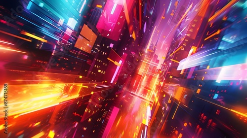 Vibrant Neon-Infused Urban Landscape: A Futuristic Cityscape of Geometric Light Patterns and Expressive Digital Art