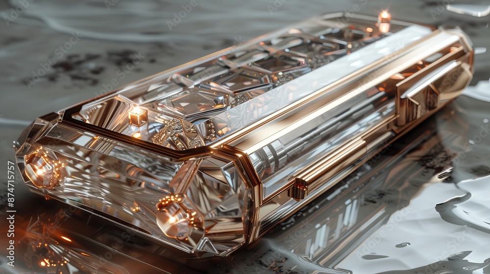High-tech device with a sleek, futuristic design, embedded with precious metals and crystals, symbolizing the fusion of luxury and technology High-tech device with a sleek, futuristic design, embedded with precious metals and crystals, symbolizing the fusion of luxury and technology