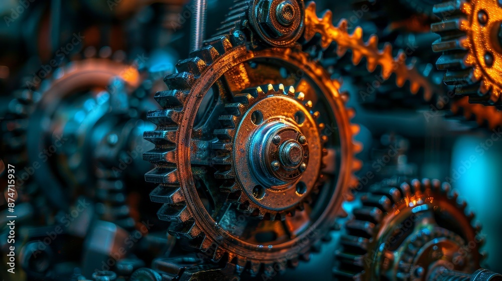 Industrial gearbox with a detailed view of interlocking gears and cogwheels, emphasizing mechanical precision and functionality Industrial gearbox with a detailed view of interlocking gears and cogwheels, emphasizing mechanical precision and functionality
