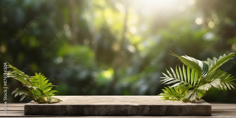 Wooden Tabletop with Green Foliage and Defocused Background Wooden Tabletop with Green Foliage and Defocused Background