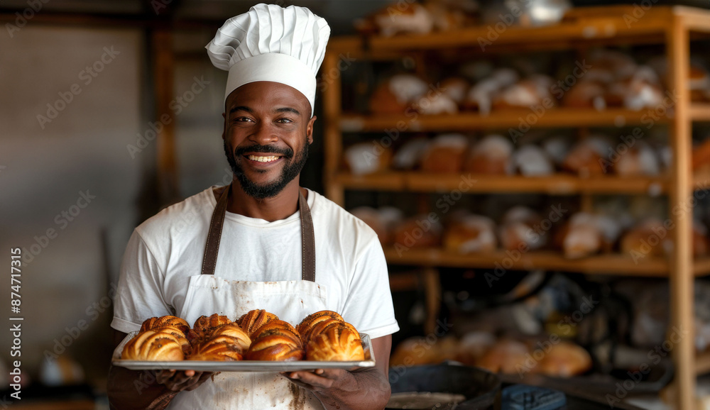 Smiling male baker in a white chef's hat holding a tray of freshly baked pastries in a bakery Smiling male baker in a white chef's hat holding a tray of freshly baked pastries in a bakery