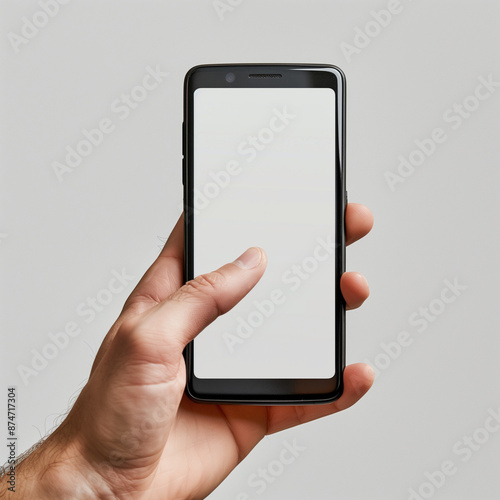 A white hand touching the blank white screen of a smart phone with their thumb.