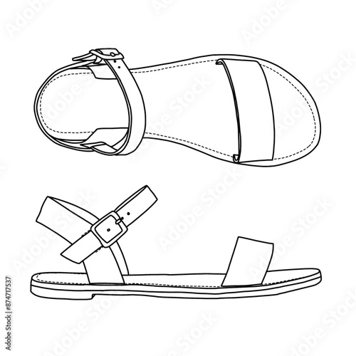 Women's Casual Strappy Sandal Line art, Technical sketch hand drawing outline vector doodle illustration  isolated on white background