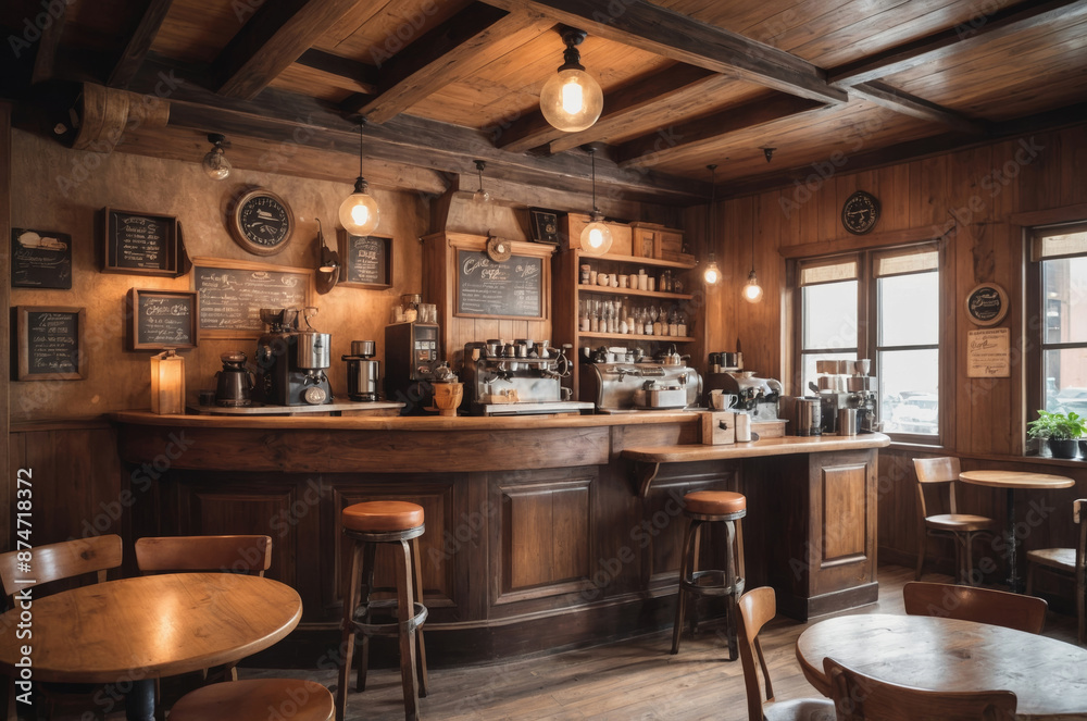 Cozy coffee shop with wooden interior warm lighting and rustic atmosphere Cozy coffee shop with wooden interior warm lighting and rustic atmosphere