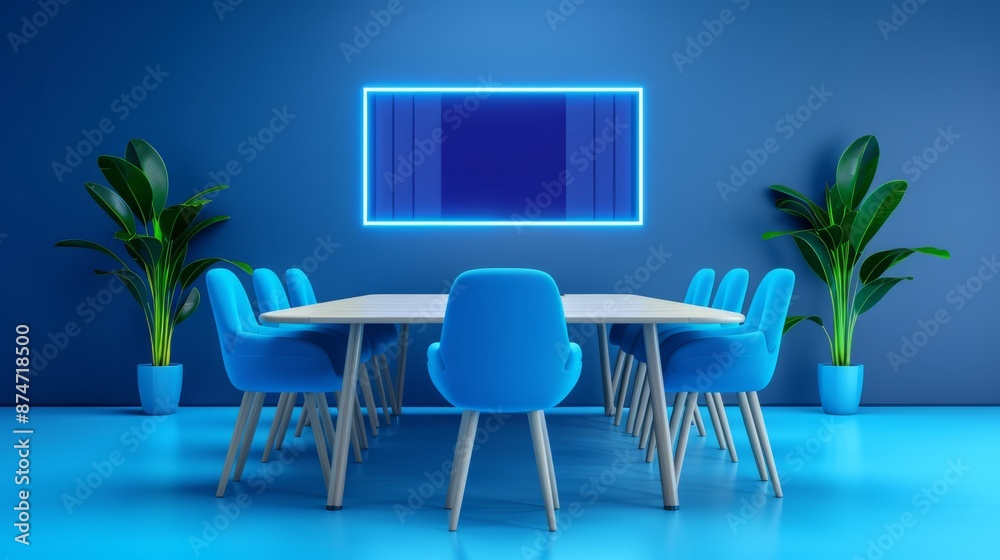 Modern conference room with blue walls, table, and chairs, with a glowing rectangle on the wall. Modern conference room with blue walls, table, and chairs, with a glowing rectangle on the wall.