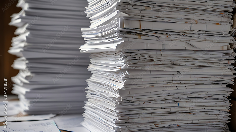 Multiple Piles of white Papers stacked fully on each other, document or paper work waste concept
Multiple Piles of white Papers stacked fully on each other, document or paper work waste concept