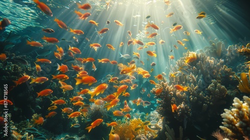 A close-up view of a diverse range of fish darting through the branches of a coral reef, illuminated by sunlight filtering through the water's surface Generative AI © GenerativeAIpicture