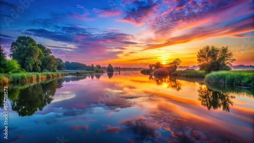 Sunrise over the tranquil river reflecting the vibrant colors of dawn, sunrise, river, reflection, dawn, tranquil, calm