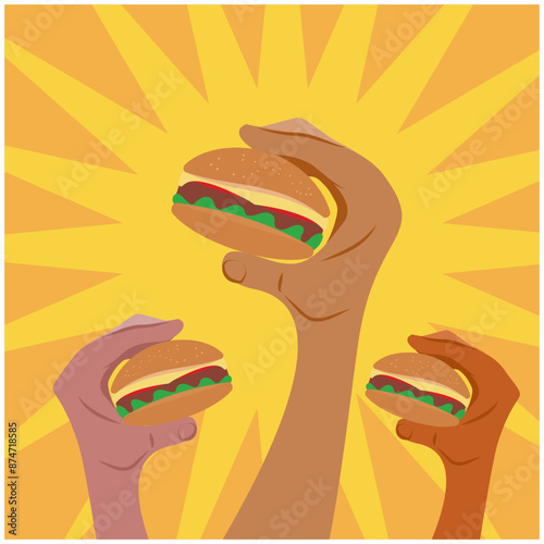 Hands holding burger over pop background