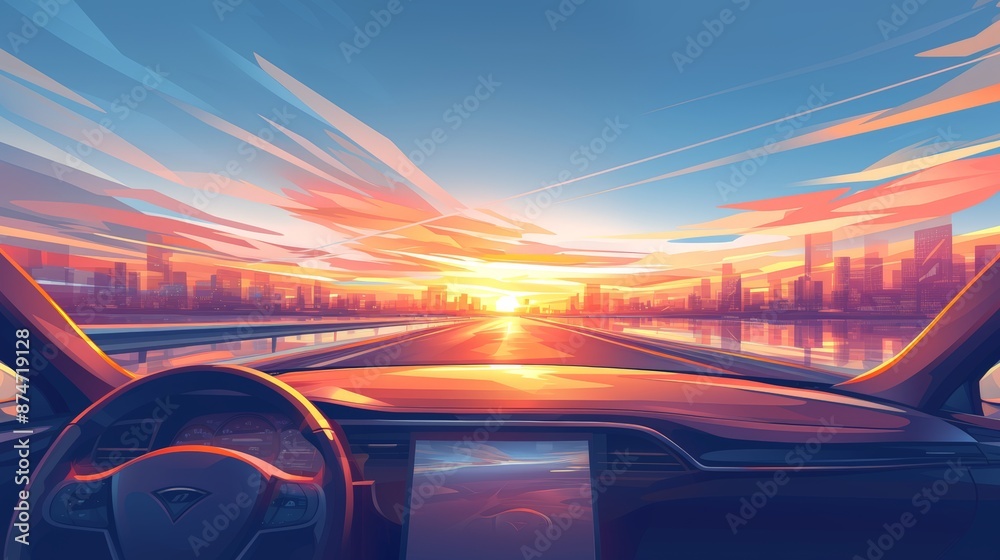 View from the car through the windshield on the road. Sunset. Dawn. Golden hour. Traveling by car. Banner, poster, background. Copy space. Dashboard. View from the car through the windshield on the road. Sunset. Dawn. Golden hour. Traveling by car. Banner, poster, background. Copy space. Dashboard.