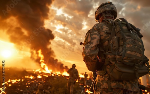 A soldier in full combat gear stands amidst a battlefield with burning wreckage and thick smoke, highlighting the intensity of warfare.