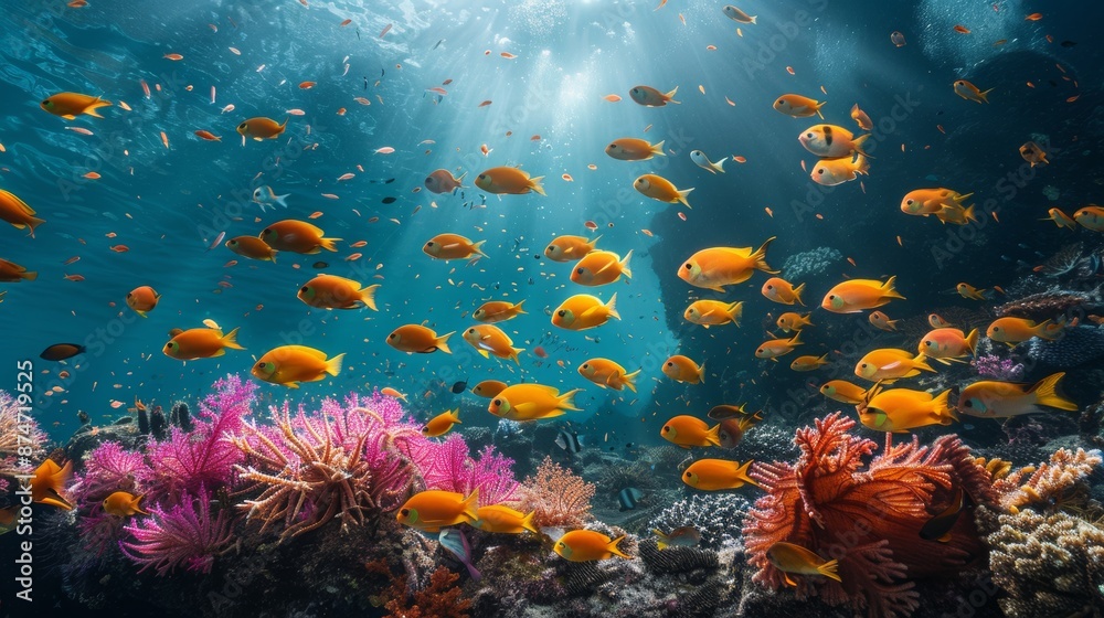 school of brightly colored fish weaving through a complex maze of coral formations in a serene underwater environment Generative AI school of brightly colored fish weaving through a complex maze of coral formations in a serene underwater environment Generative AI