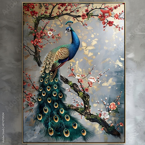 Golden Peacock Oriental Luxury Style with Sakura Canvas Framed Wall Art