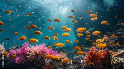 school of brightly colored fish weaving through a complex maze of coral formations in a serene underwater environment Generative AI © GenerativeAIpicture