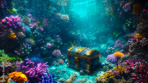 Fototapeta Naklejka Na Ścianę i Meble -  Treasure casket chest jewels at the bottom of the sea underwater world colorful coral reefs, luminous sea creatures.
