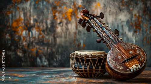 Image of traditional Indian musical instruments like the sitar or tabla with copy space