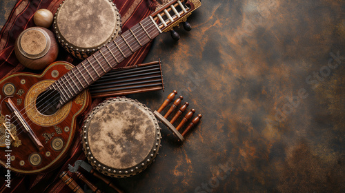 Image of traditional Indian musical instruments like the sitar or tabla with copy space