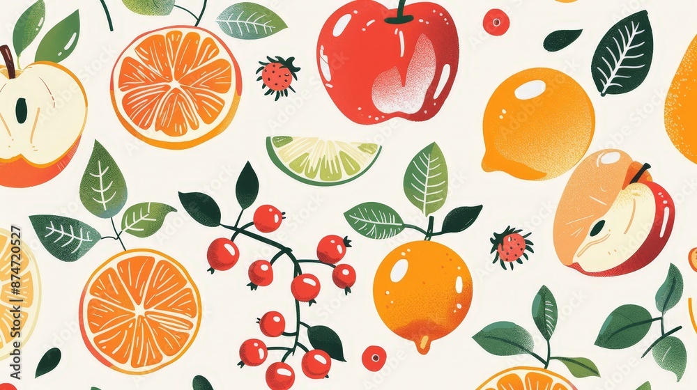 A playful fruit pattern featuring bright, juicy illustrations of apples, oranges, and berries, perfect for kitchen textiles and summer apparel. A playful fruit pattern featuring bright, juicy illustrations of apples, oranges, and berries, perfect for kitchen textiles and summer apparel.