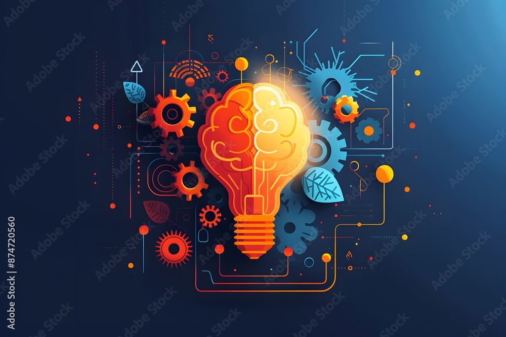 A brain with gears turning or a lightbulb illuminating, representing positive thinking and learning Use a flat design with clean lines and bright colors A brain with gears turning or a lightbulb illuminating, representing positive thinking and learning Use a flat design with clean lines and bright colors