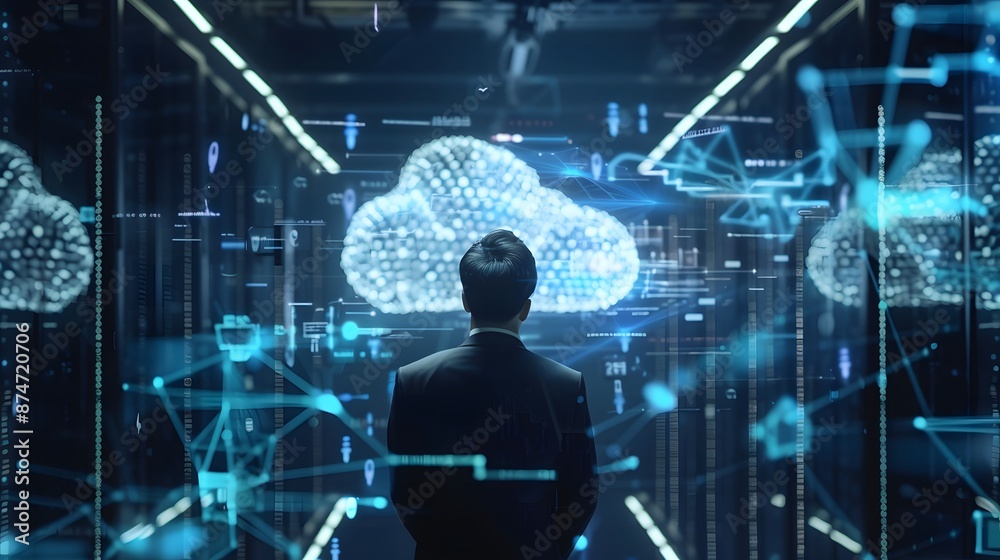 Holographic cloud ERP interface with businessman optimizing enterprise resource planning Holographic cloud ERP interface with businessman optimizing enterprise resource planning