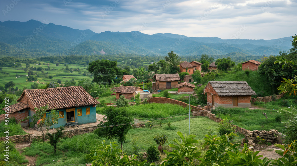A serene shot of a rural Indian village with traditional houses and landscape with copy space A serene shot of a rural Indian village with traditional houses and landscape with copy space