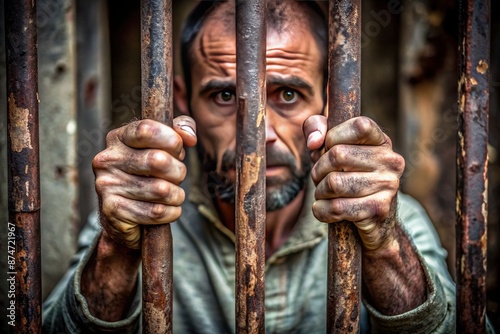 Rusty prison bars grasped by grimy male hands, hinting at desperation and confinement, evoke a sense of hopelessness and longing for freedom behind cold metal. photo