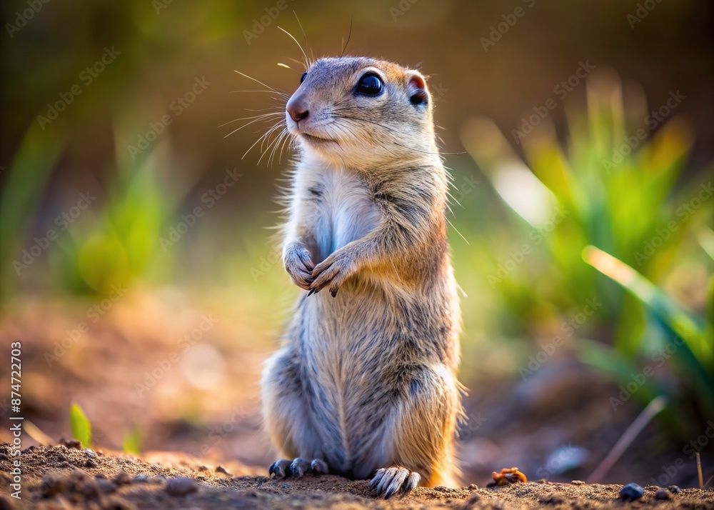Adorable speckled ground squirrel standing on its hind legs, paws clasped together, looking curiously into distance with big round eyes in natural outdoor setting. Adorable speckled ground squirrel standing on its hind legs, paws clasped together, looking curiously into distance with big round eyes in natural outdoor setting.
