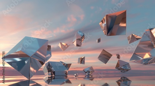 A surreal landscape of floating geometric shapes in metallic tones, hovering above a reflective surface under a twilight sky.