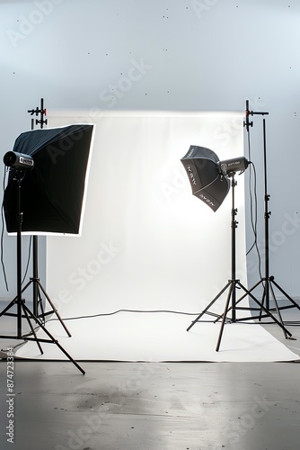 A professional photo studio with a white seamless backdrop, two studio lights, and a light reflector.