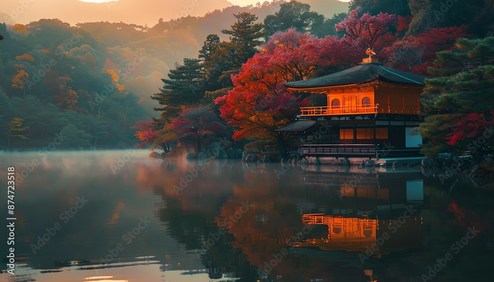 Fototapeta premium A beautiful landscape of a traditional Japanese temple with a red bridge over a river and a mountain in the background