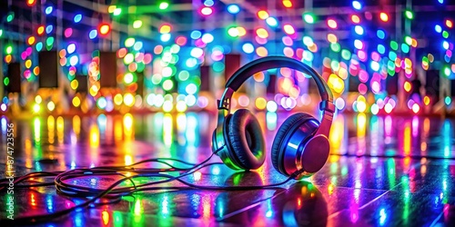 Empty floor with multicolored headphones scattered around, illuminated by vibrant lights, conveying the energy of a lively silent disco party in a trendy modern setting. photo